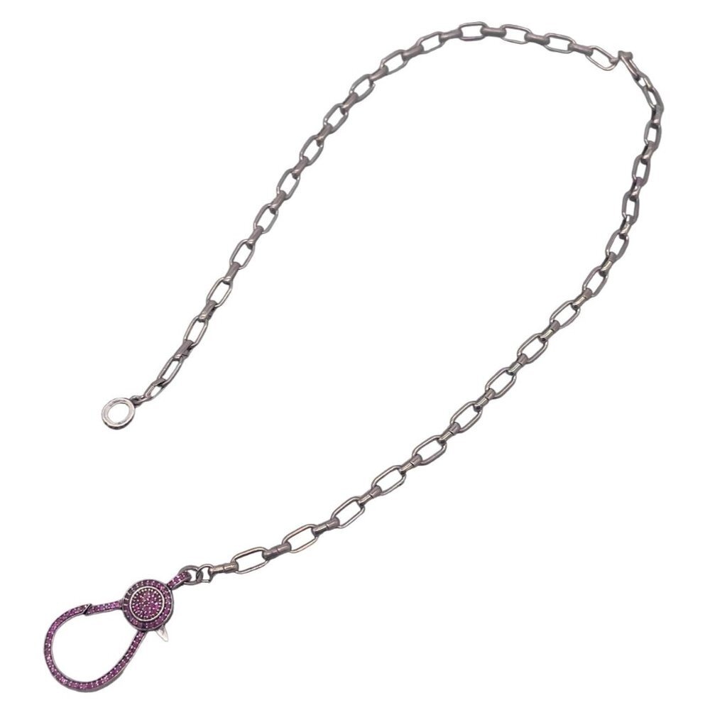 Purple Pave Rhinestone Lobster Claw Style Pendant Chain Necklace Silver Tone